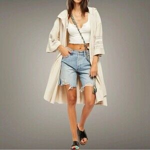 Free People Haley Size S Cotton Hooded Cardigan Duster Coat Bell Sleeve Cream